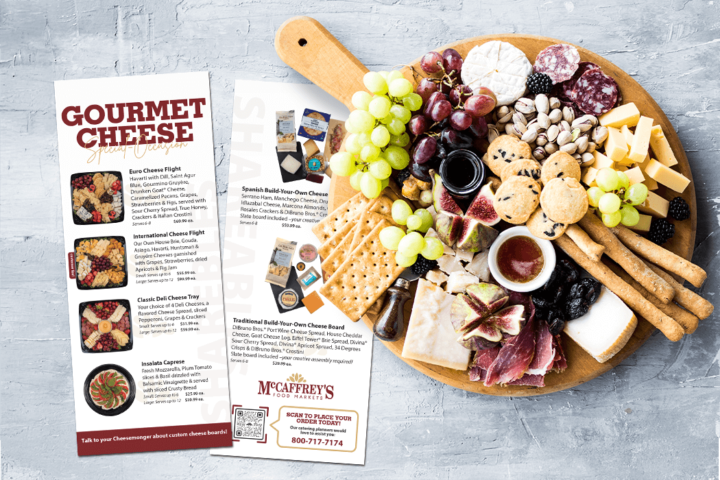 Charcuterie board and gourmet cheese handout card
