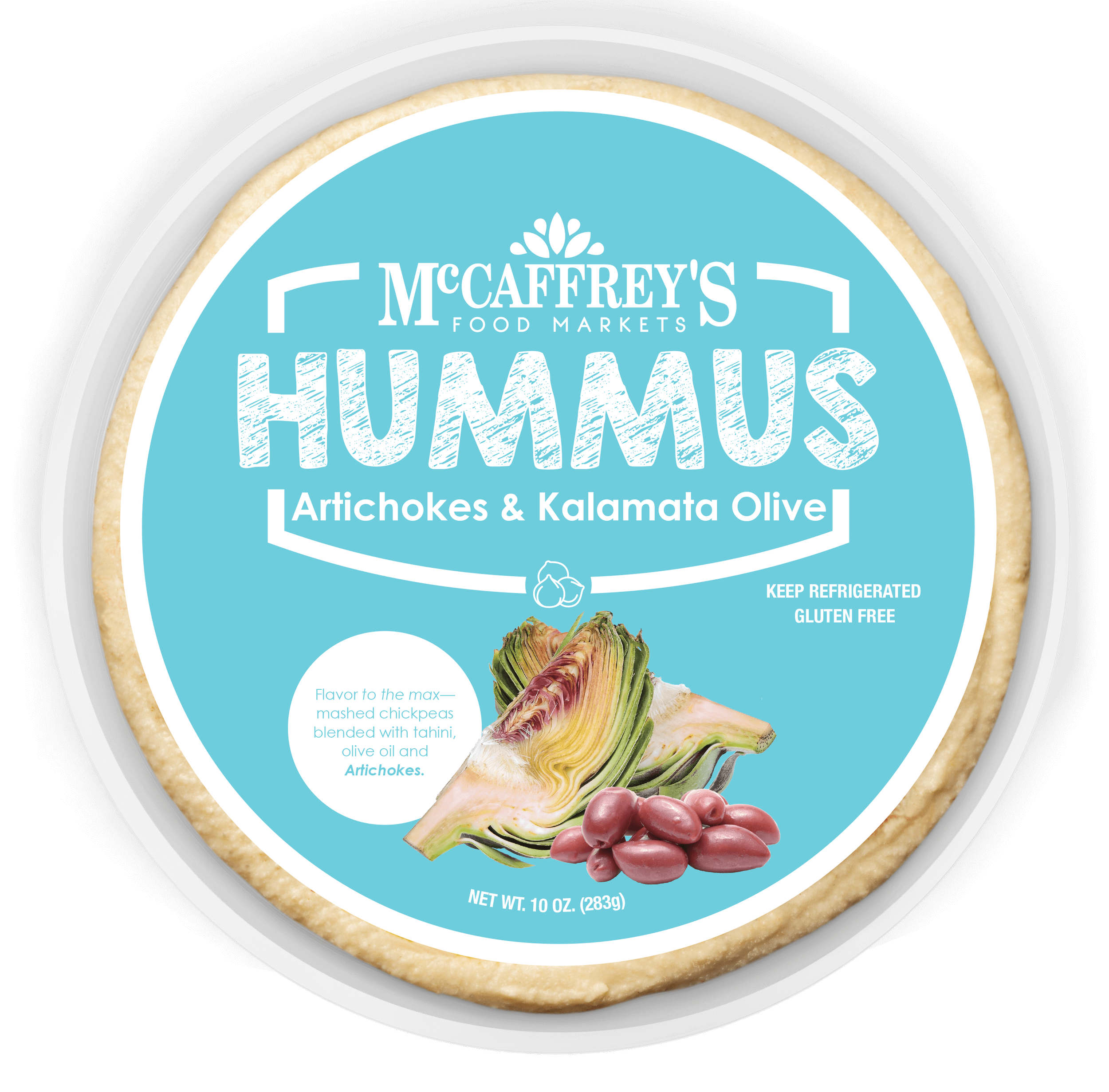 Overhead view of MccCaffrey's artichooke and kalamata olive hummus