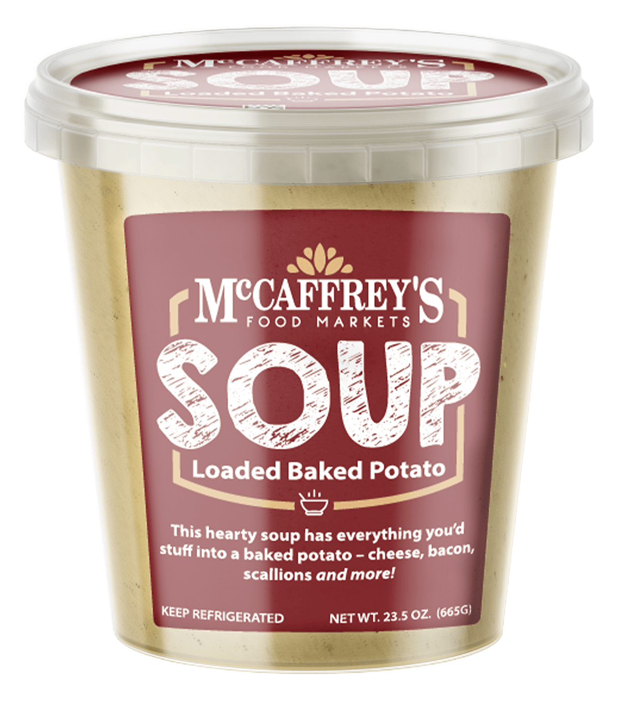 Front view of MccCaffrey's loaded baked potato soup