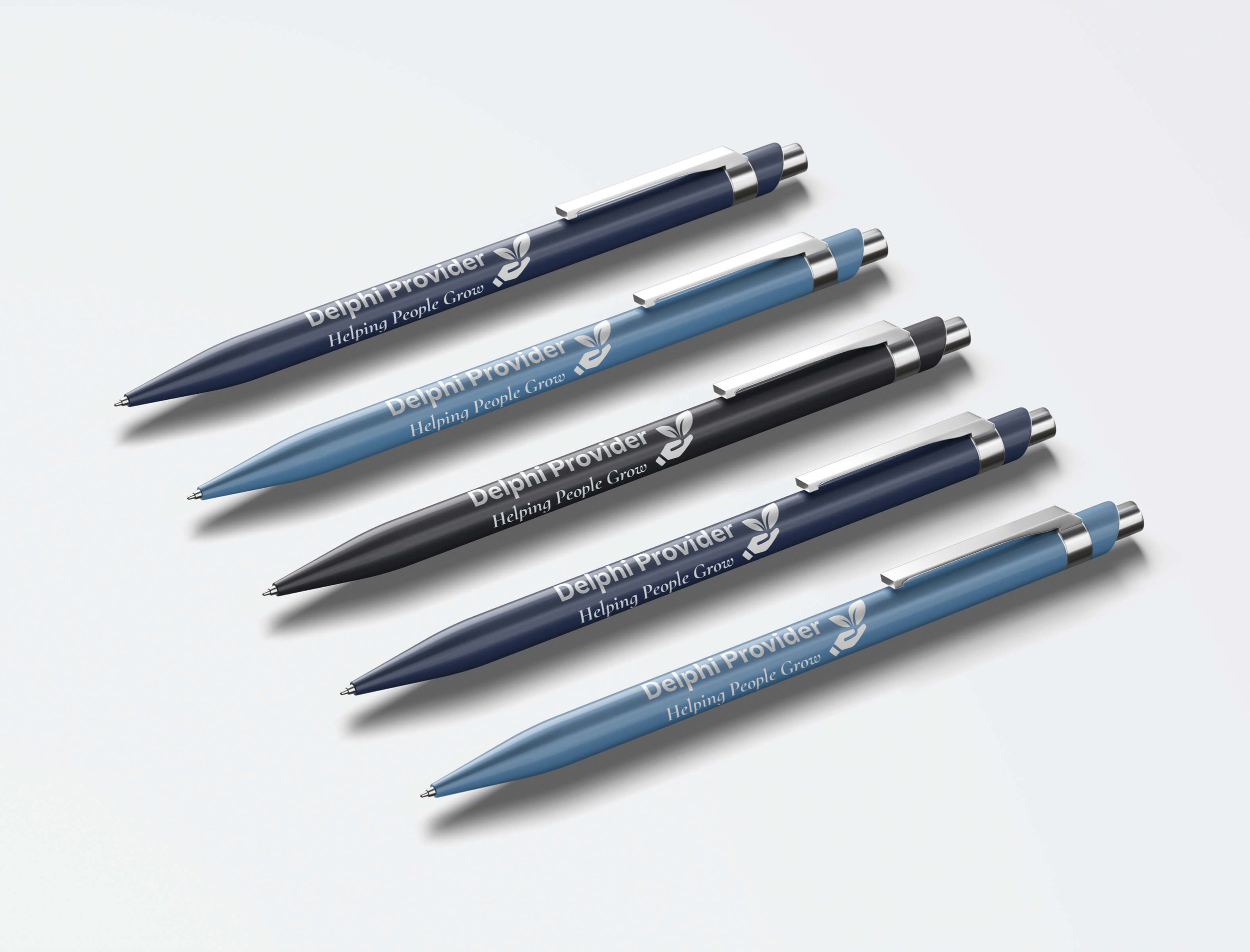 Metallic pens in Delphi's brand colors with horizontal logo