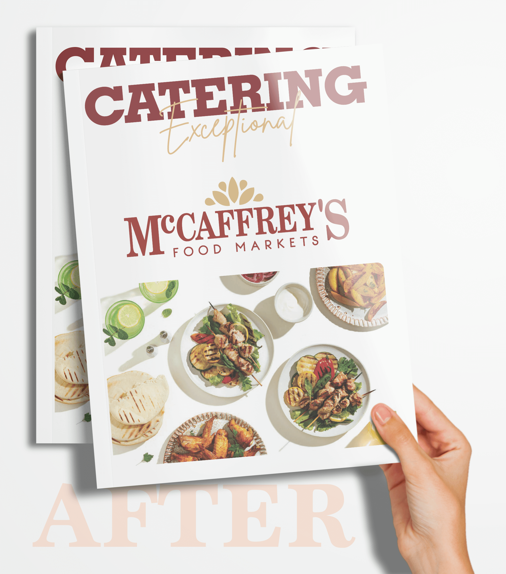 Mockup of hand holding the new catering book cover design with text that says "after"