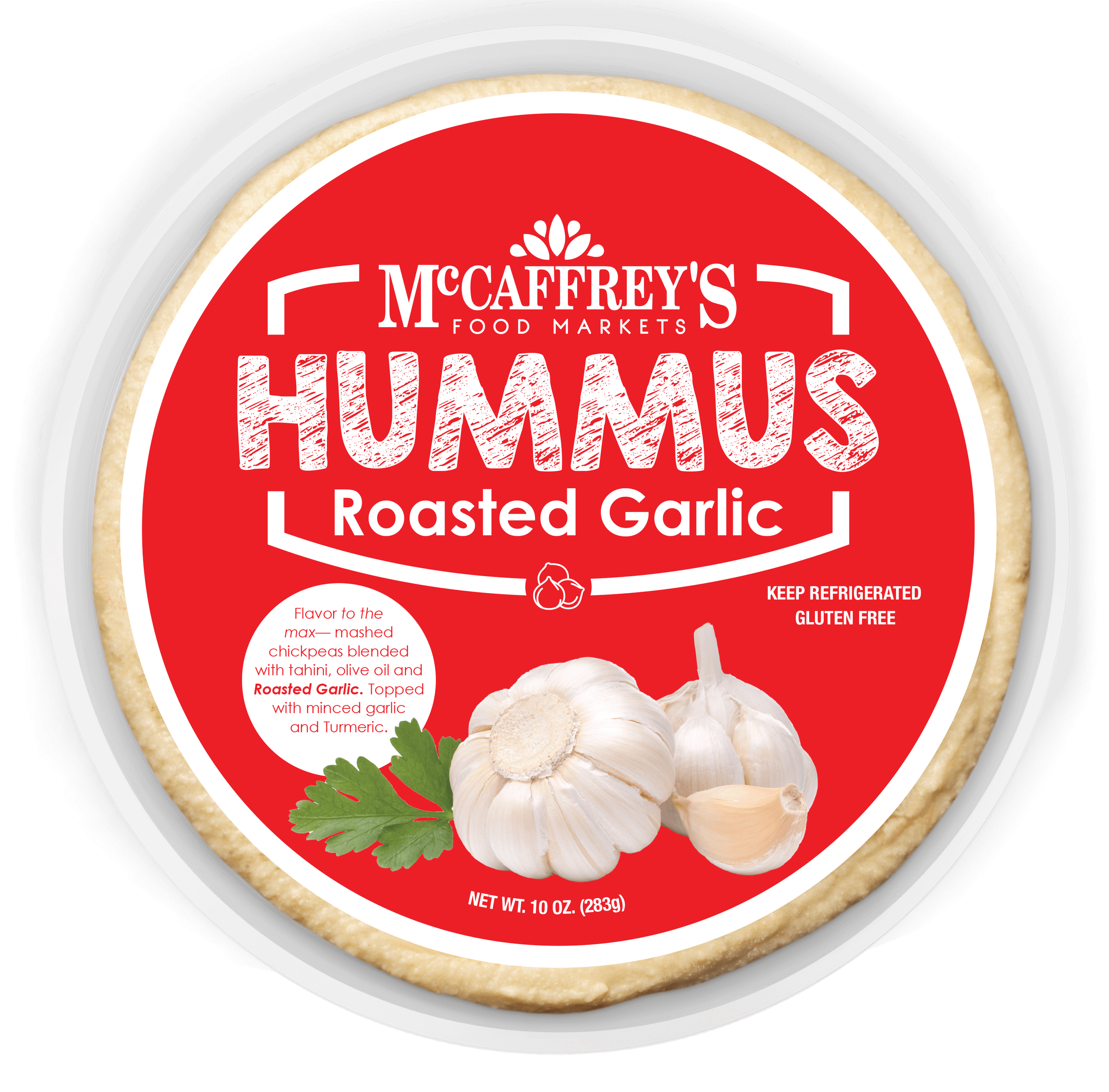 Overhead view of MccCaffrey's roasted garlic hummus