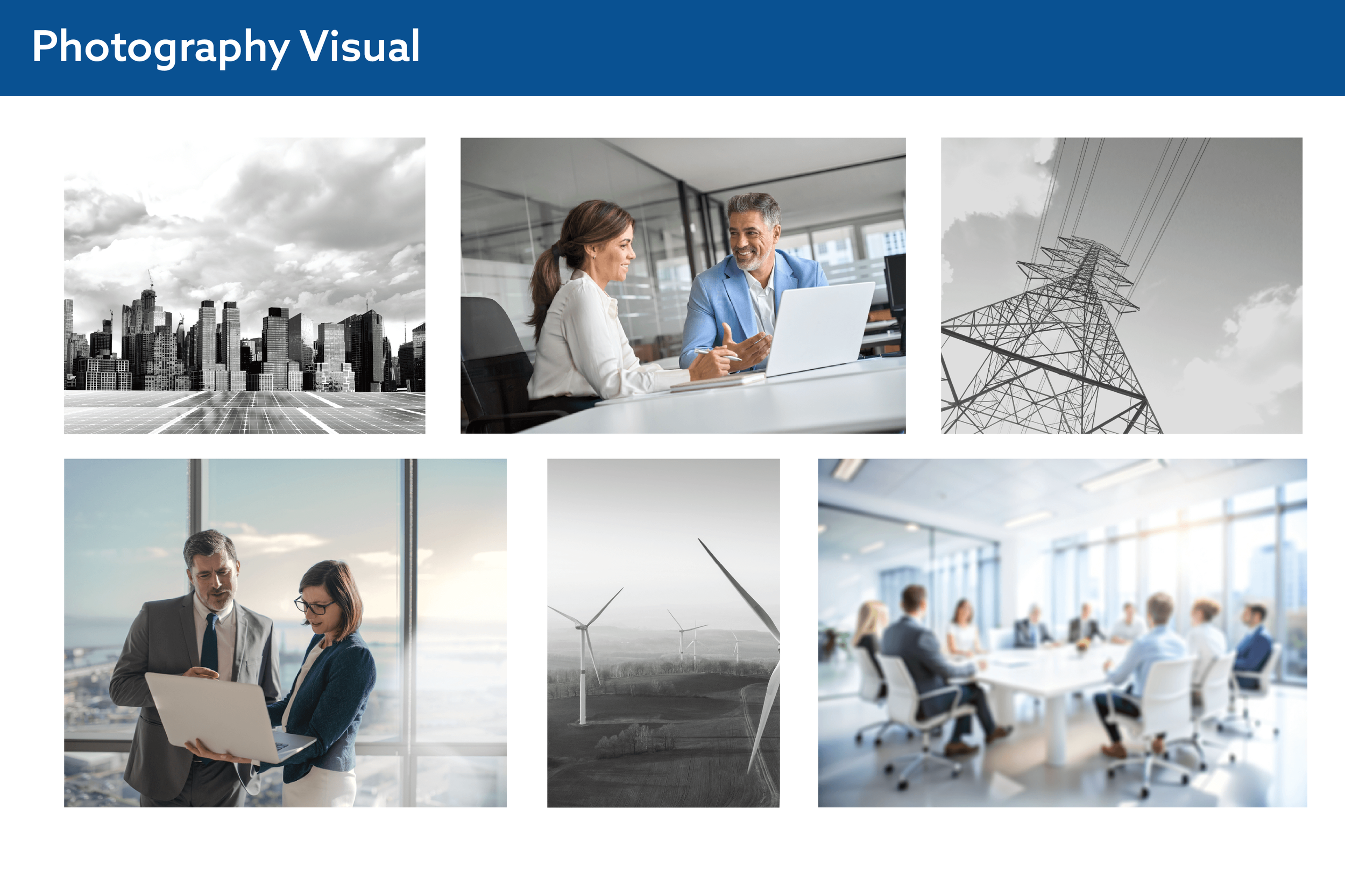 Page from Clarity Point's brand guidelines, showing the photography direction: black and white city photos, bright white modern office spaces and solar power
