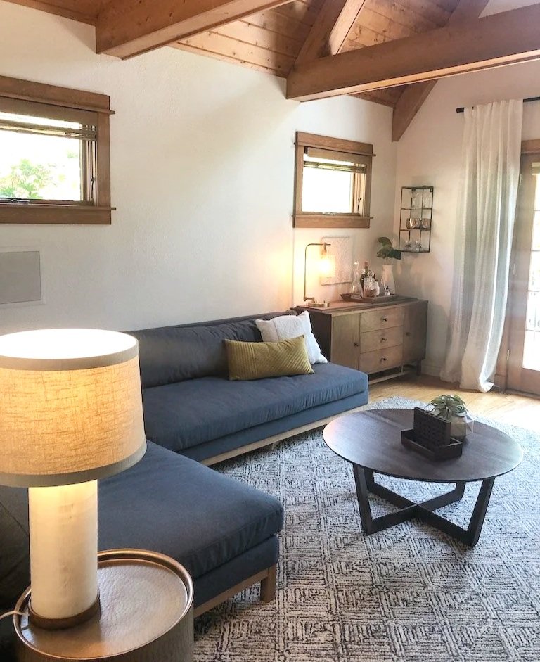 Living room with blue sectional sofa