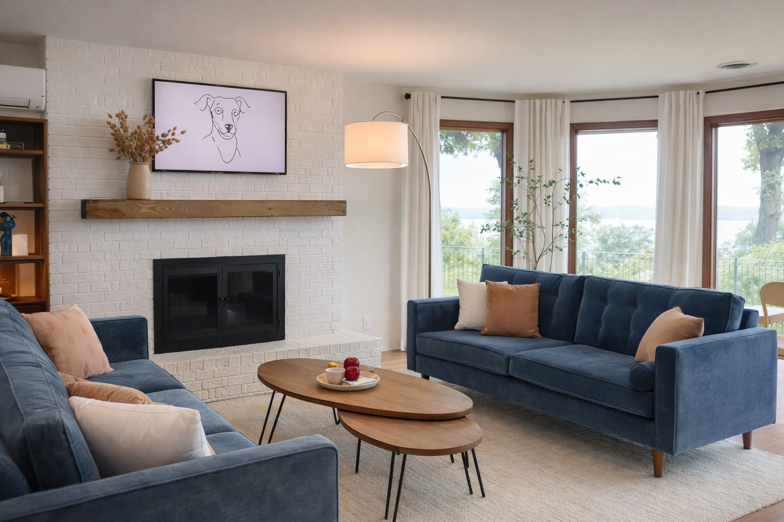 Calm and colorful family room featuring twin blue sofas in Traverse City home