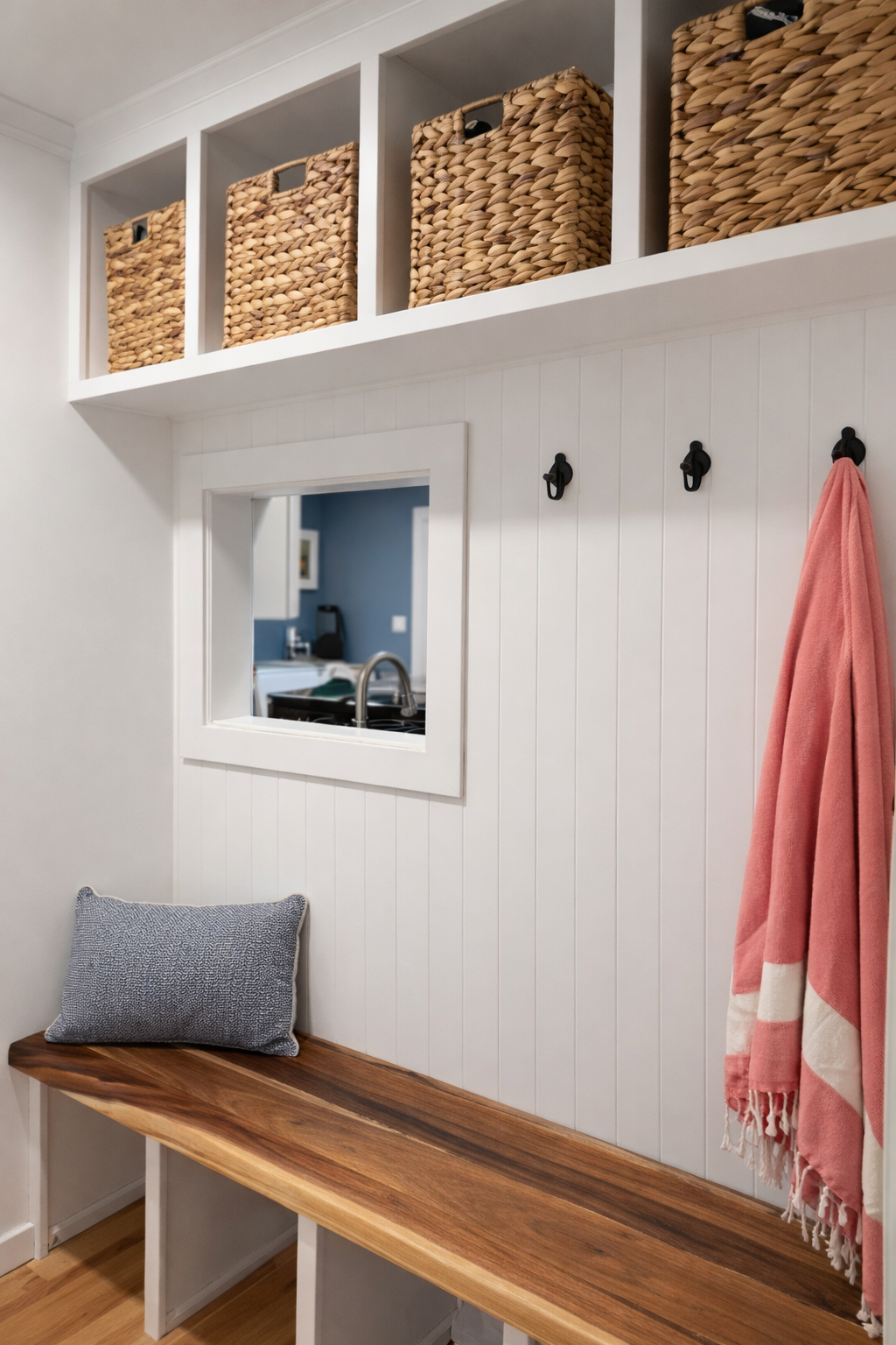 Custom mudroom bench and cubby area in Traverse City