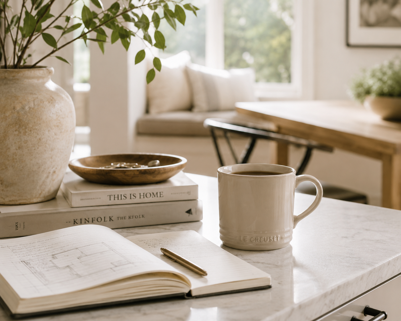 A white marble kitchen counter with a mug of coffee, open notebook, pen, books, a wooden bowl, and a large plant in a beige pot. In the background, there is a window with a window seat and cushions, and natural light filtering into the room.