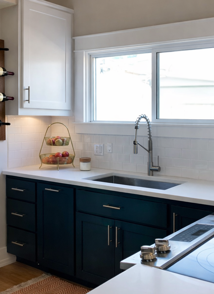 Small remodeled kitchen in historic home featuring navy cabinetry and white quartz counters