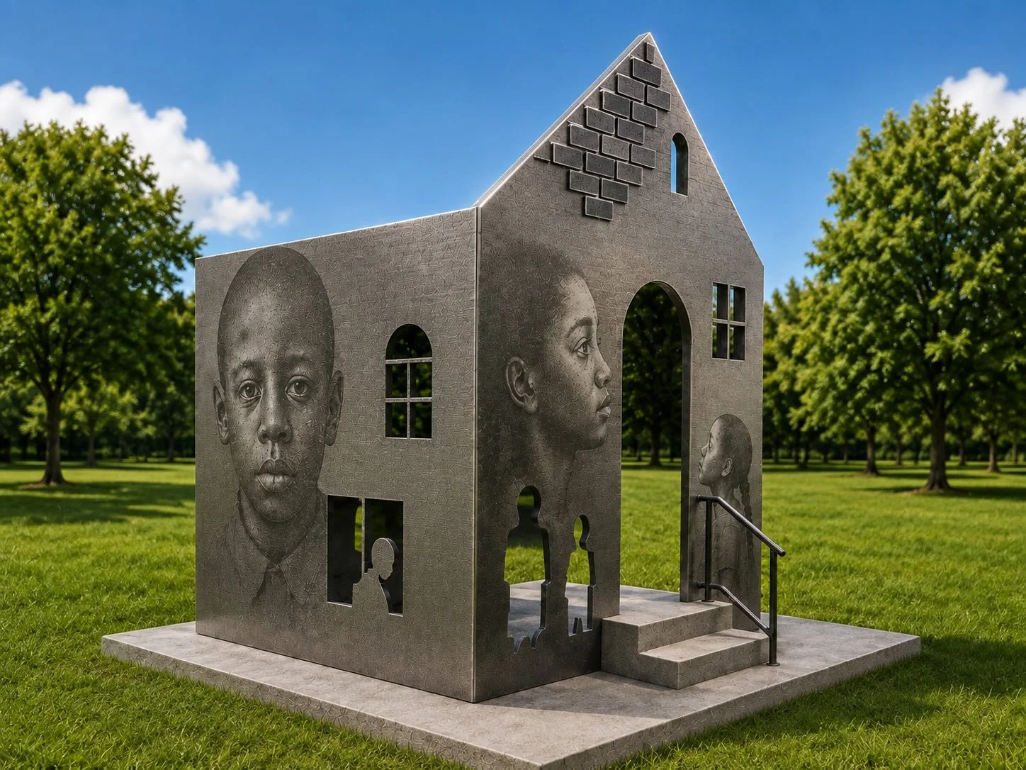 Stainless steel memorial shaped as a partial schoolhouse, featuring engraved portraits of Black children, child-shaped cutouts, windows, steps, and a handrail in a public park.