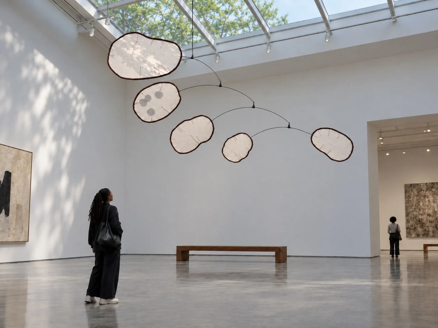 Uplifting Balance, a suspended mobile of five translucent pod-like forms, arcs across a sunlit museum gallery.