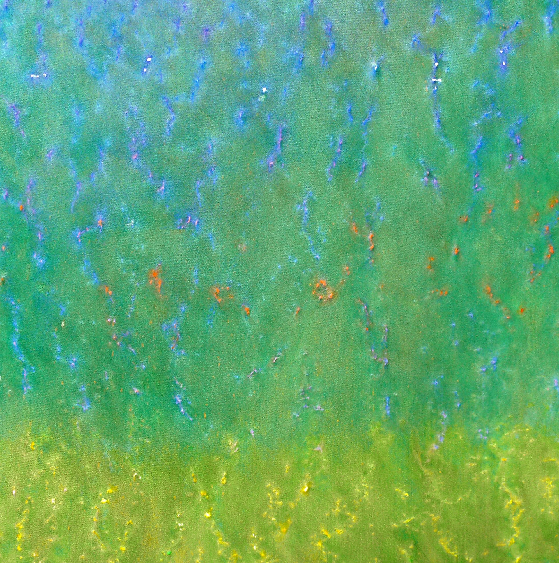 Vivid green canvas dotted with flecks of blue and orange, evoking upward growth and renewal.