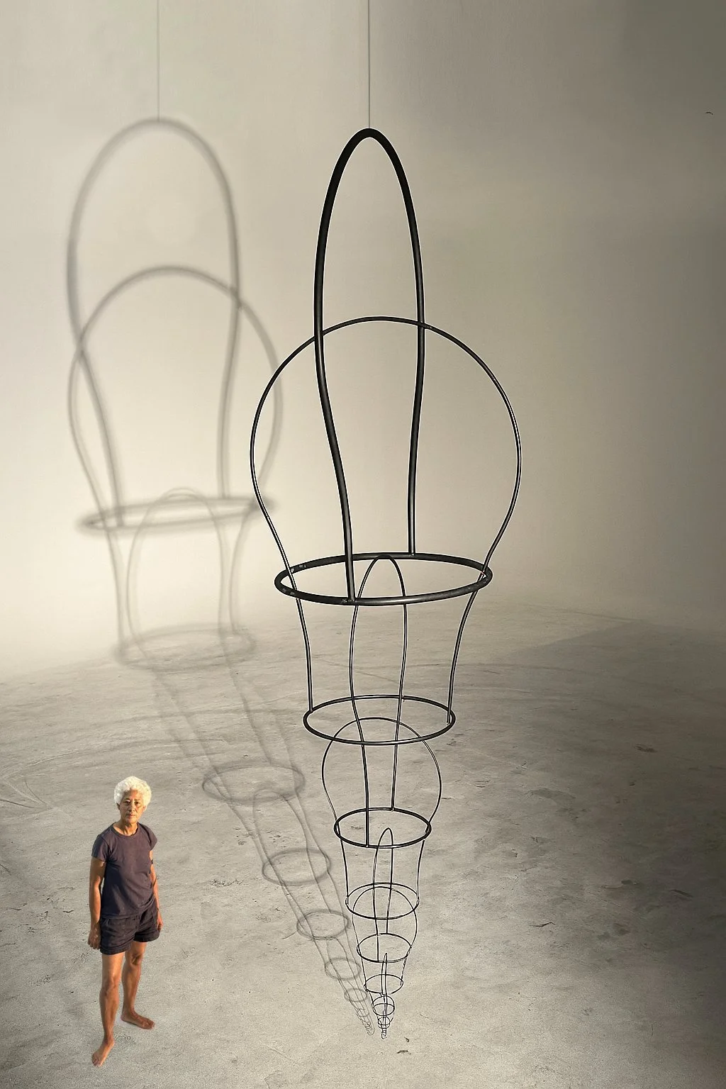 Suspended wire sculpture in elongated womb-like form, casting a striking shadow on the wall and floor.