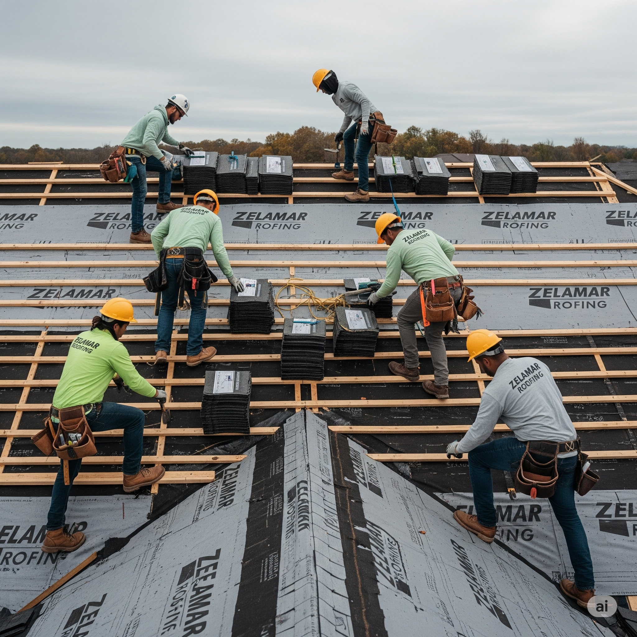 Trabajadores instalando cubiertas en un techo con tejas negras y estructura de madera, algunos llevan cascos amarillos y guantes, y están colocando láminas y tejas.