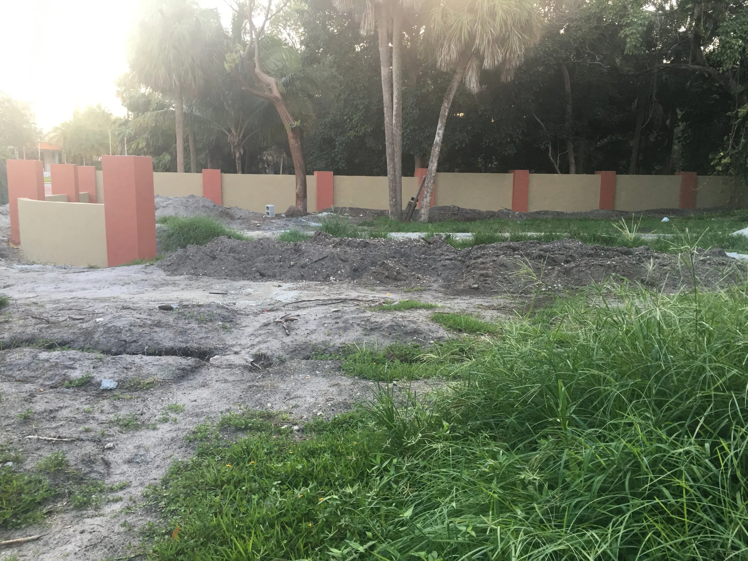Área en construcción con tierra removida, césped y un muro decorativo en procesos de edificación, árboles al fondo y luz solar en la esquina superior izquierda.