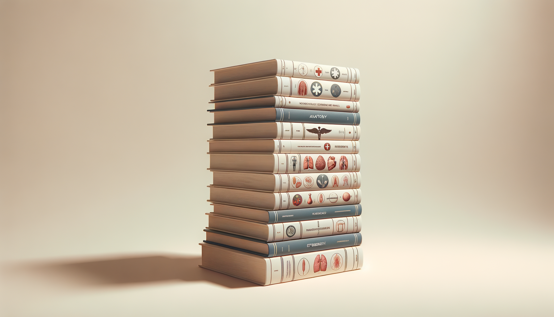Stack of medical textbooks with anatomical diagrams and medical symbols on the covers, placed on a neutral background.