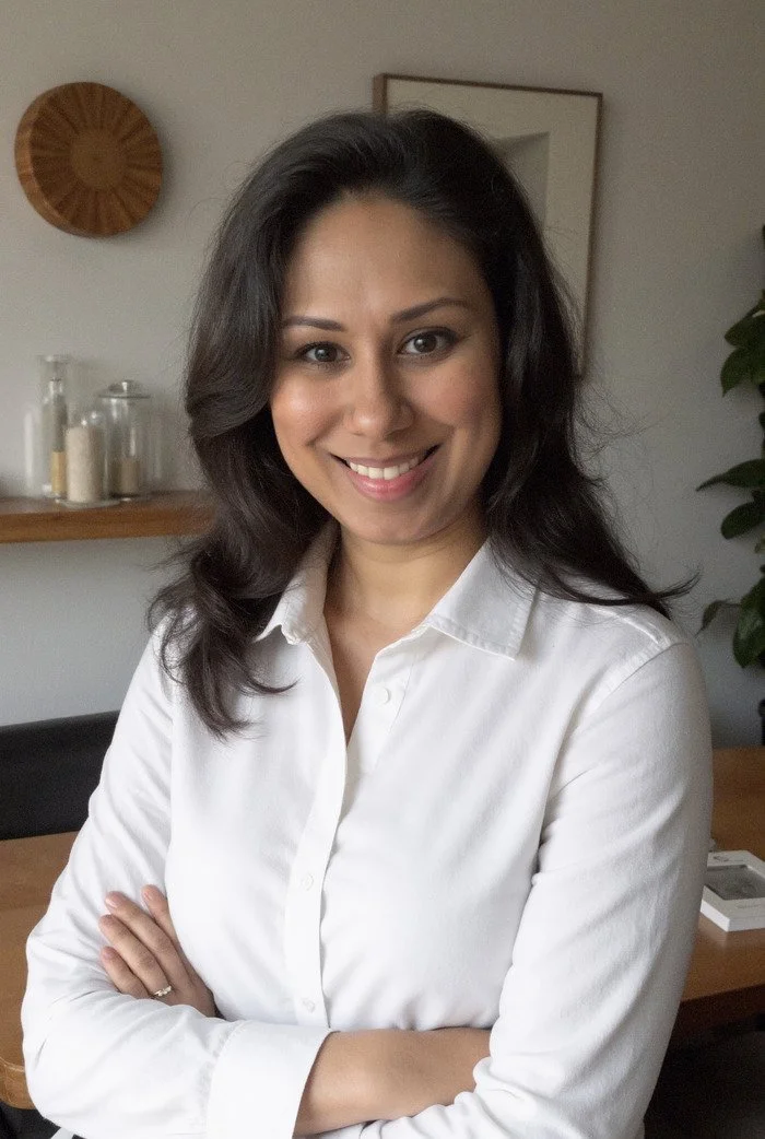 A woman with dark, wavy hair smiling and wearing a white button-up shirt, standing in a modern, cozy home interior.