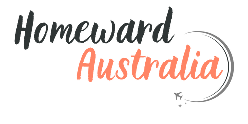 A logo with the words "Homeward Australia" in stylized fonts, with a crescent moon and a small spaceship or rocket illustration.