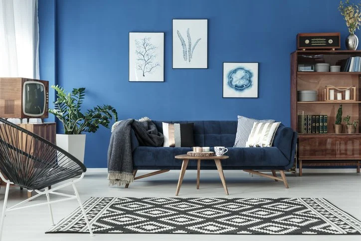 Living room with blue sofa and blue walls
