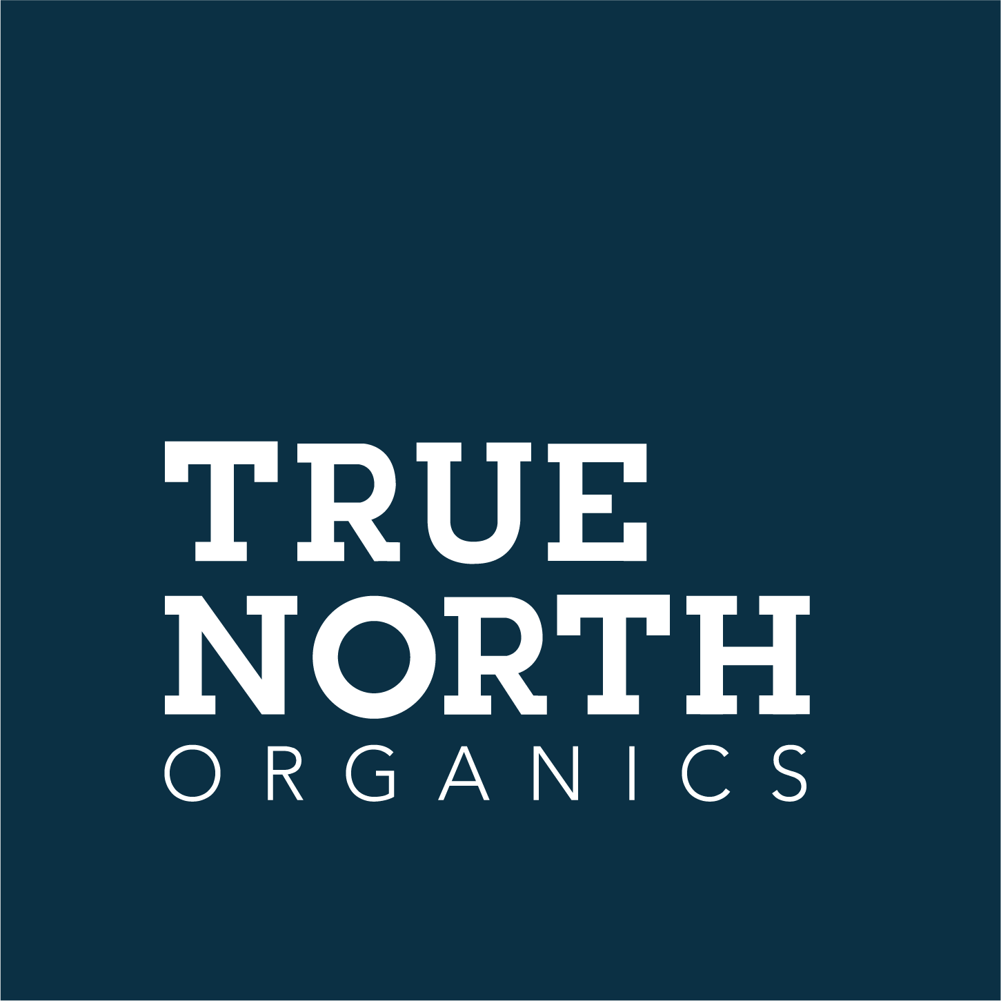 Logo of True North Organics with white text on a dark blue background