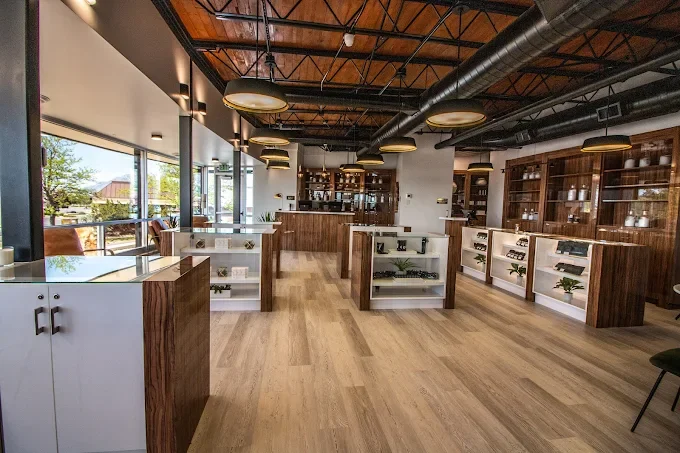Empty retail store or showroom with wooden display shelves, large windows, wood flooring, and a wooden ceiling with exposed industrial pipes and circular light fixtures.