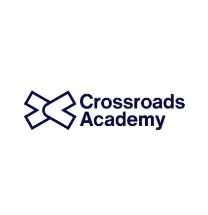 Logo of Crossroads Academy with a geometric symbol and the text Crossroads Academy.