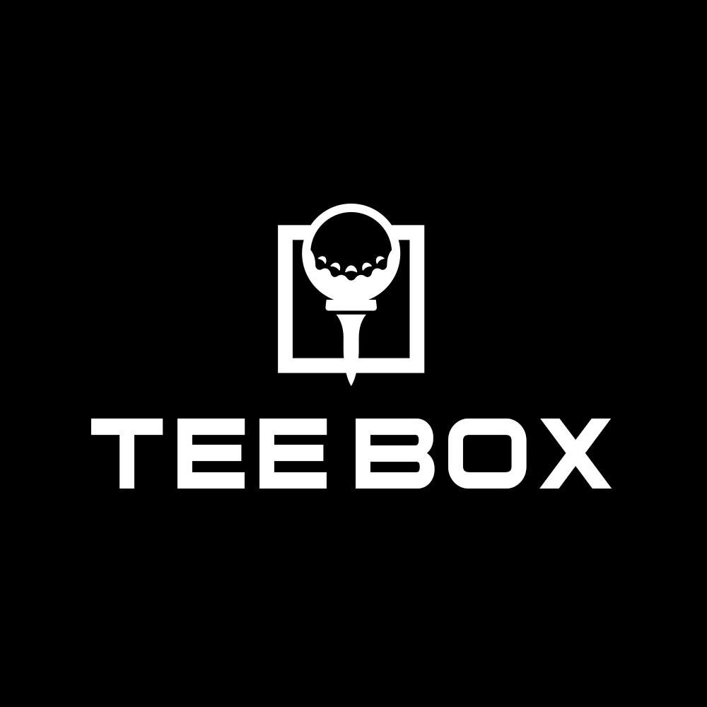 Black background with a white logo of a golf ball on a tee inside an open book, and the words "TEE BOX" below.