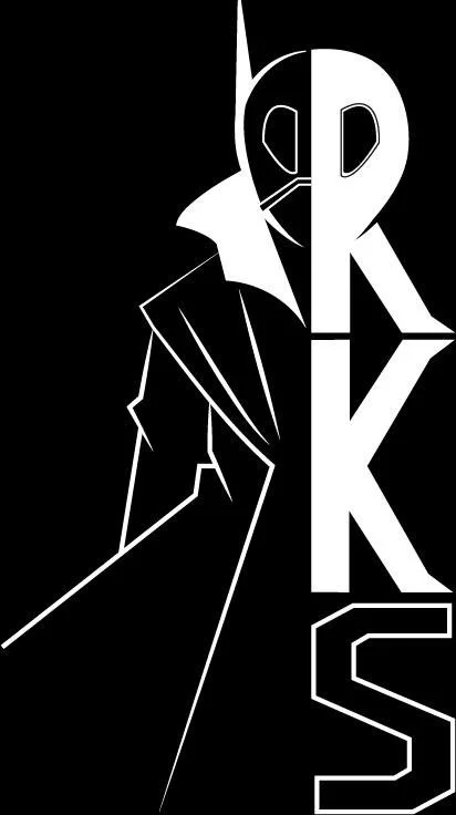 Black and white stylized illustration of a Tokusatsu Hero with RKS vertically aligned along the right side.