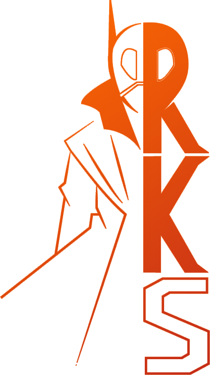 Outline of a character with a large 'R' and 'K' in the background, on an orange gradient background.