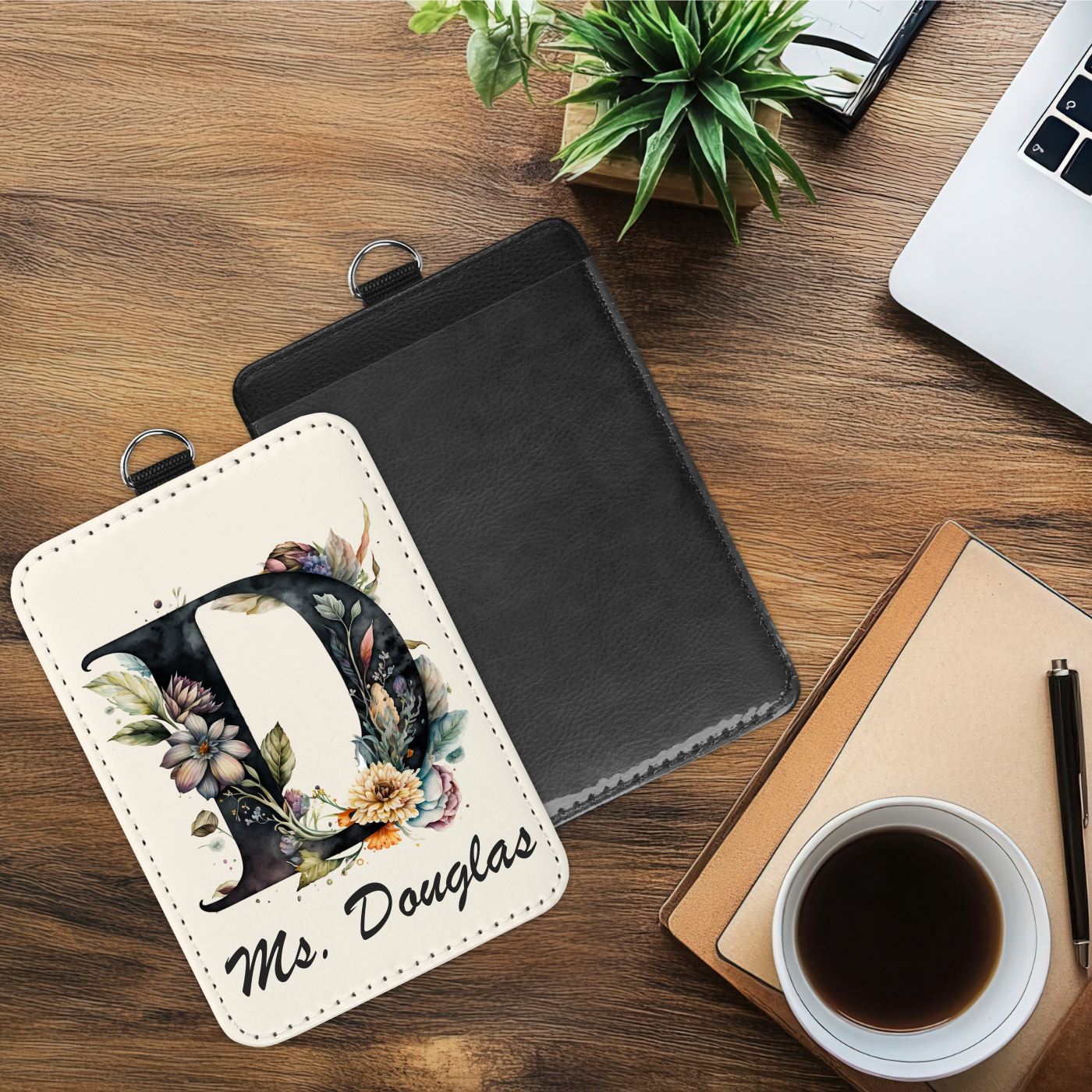 Dark Botanical Monogram Badge Holder
