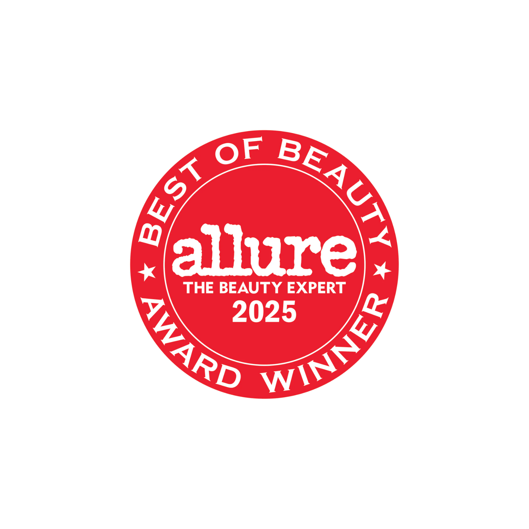 Red circular badge with white text stating 'Best of Beauty by Allure, The Beauty Expert 2025, Award Winner', with decorative white stars.