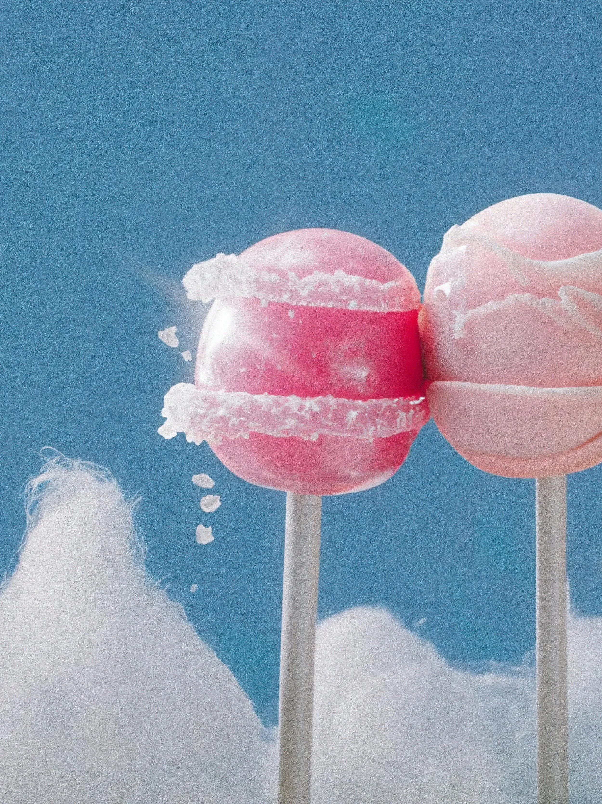 Two pink and white swirl lollipops on sticks, with one partially broken, against a blue sky background with clouds.