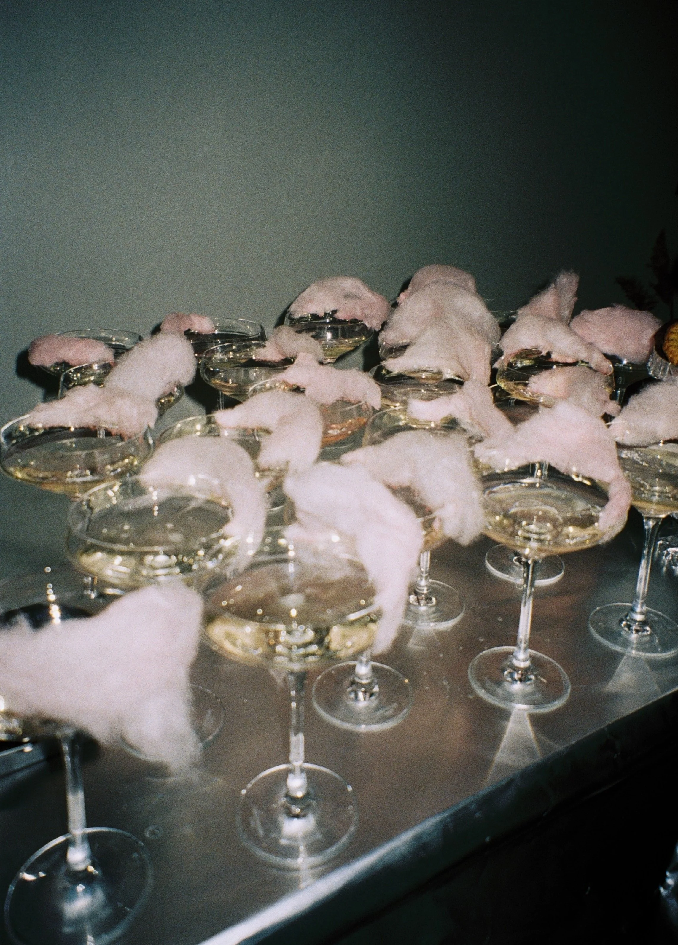 Multiple cocktail glasses filled with a clear beverage, each topped with pink cotton candy, arranged on a metallic surface.