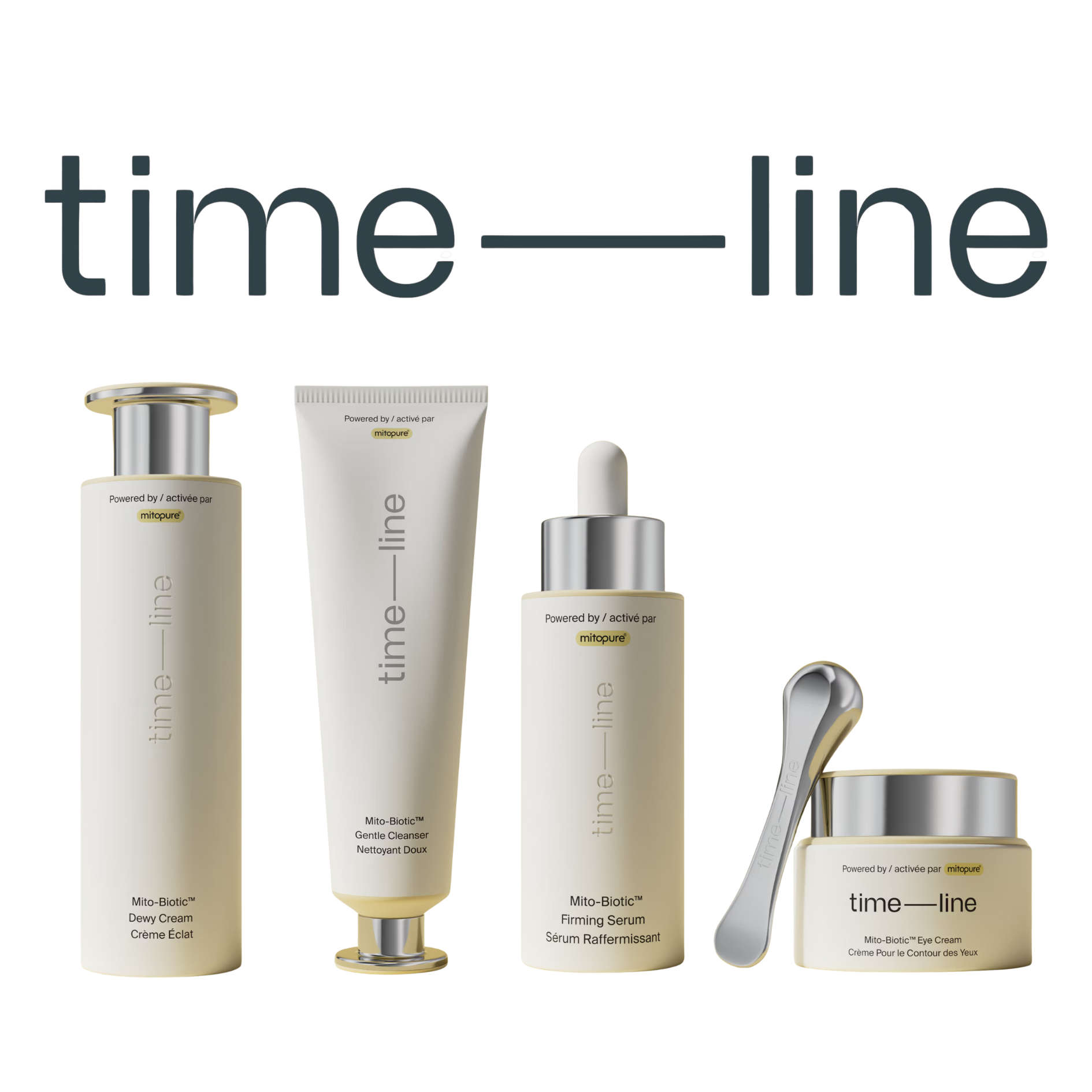 Collection of skincare products including a dew cream, gentle cleanser, firming serum, eye cream, and a metal spatula, all labeled with 'time—line' and 'mitopure' branding.