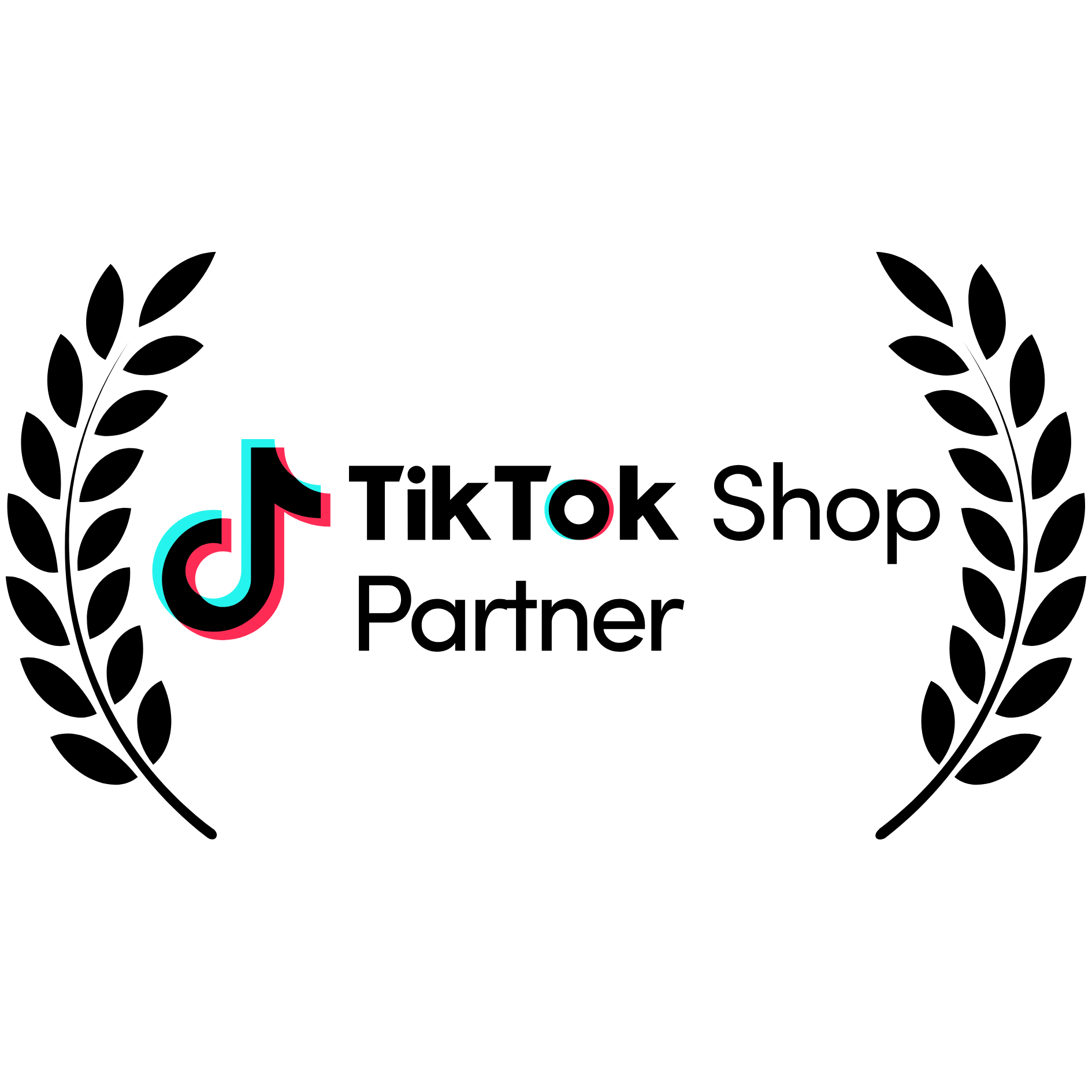 TikTok Shop Partner badge with black laurel branches on white background.