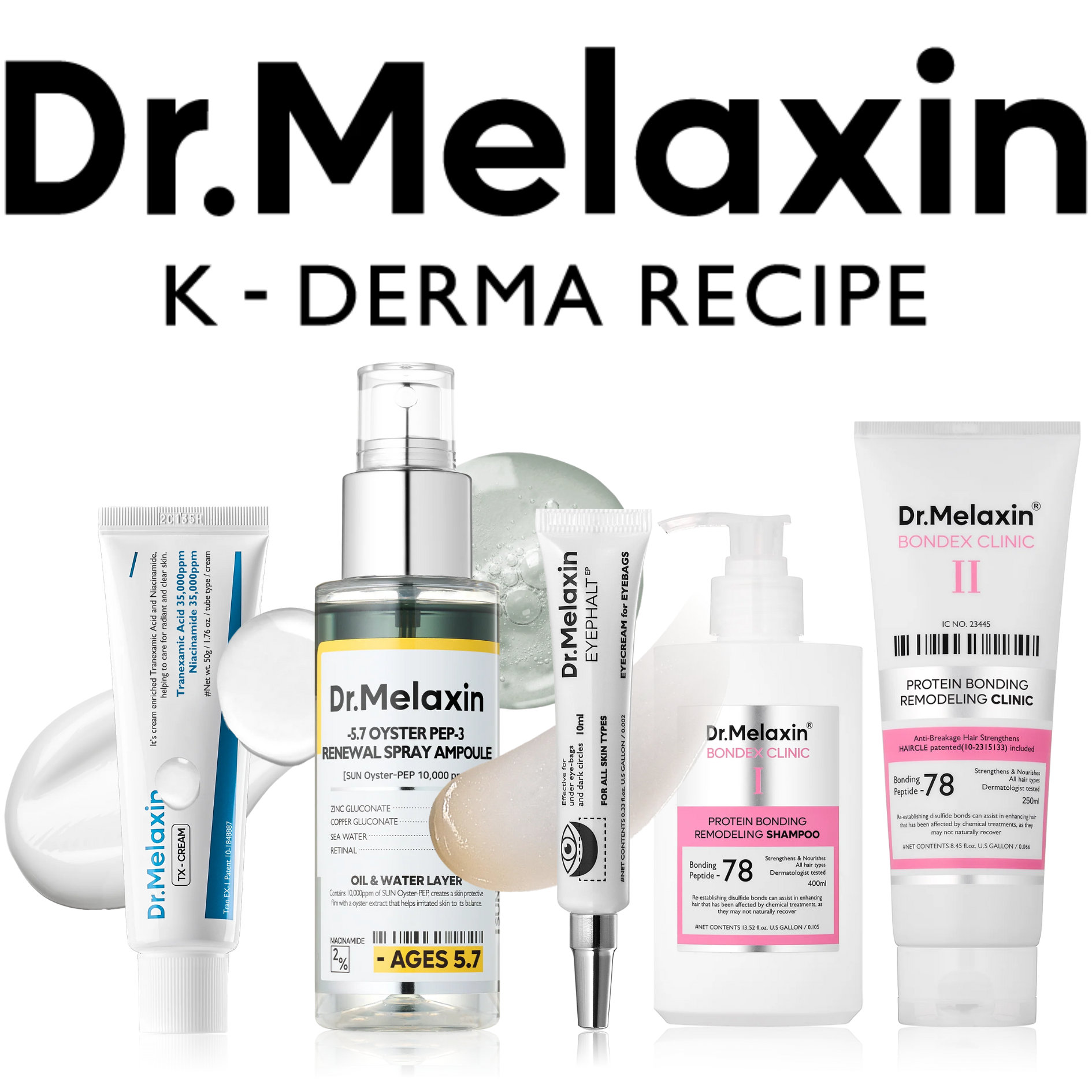 Collection of skincare products including Dr. Melaxin Renewal Spray, Eye Gel, Protein Bonding Shampoo and Remolding Clinic, along with a pumice stone and a small container, set against a black background.