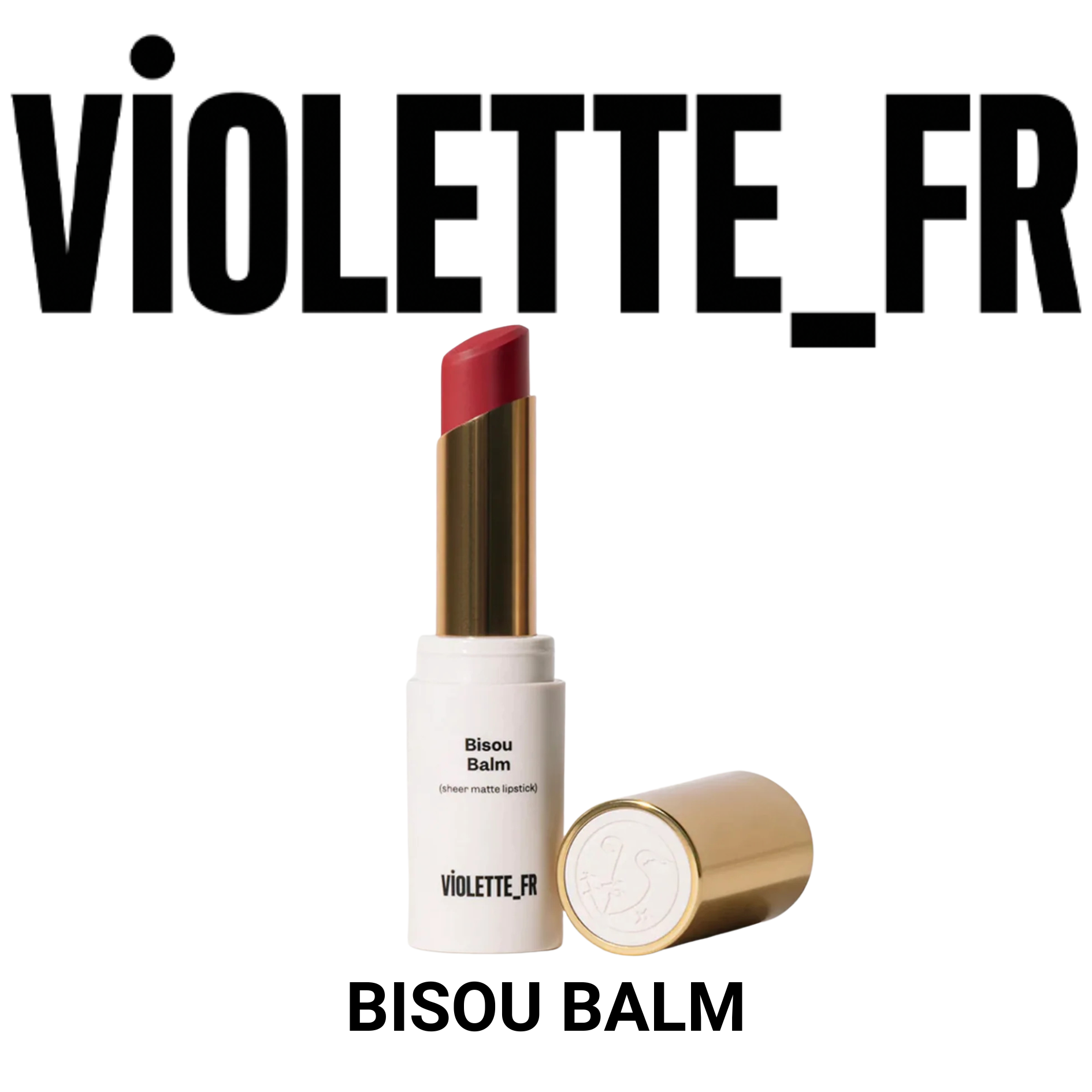 A sheer matte lipstick in a white and gold tube with the cap removed, revealing a red lipstick. The cap is placed beside the tube, showing a gold top with an embossed logo.