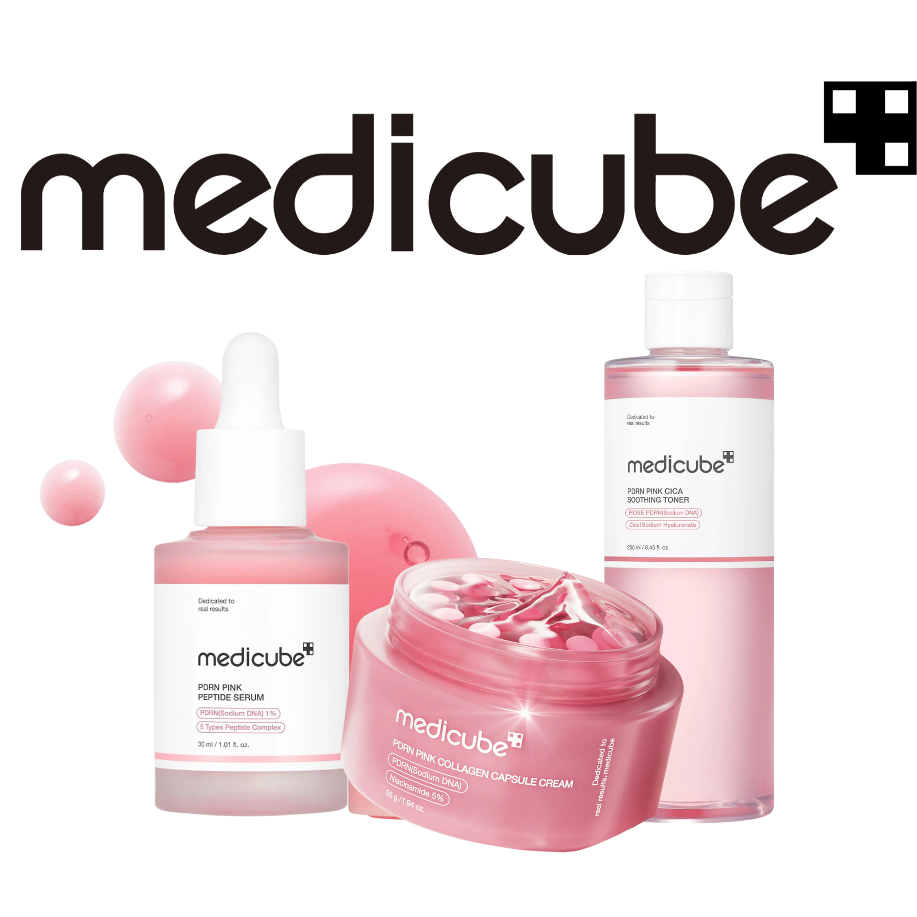 Collection of skincare products from Medicube including pink capsule cream, peptide serum, soothing toner, and pomegranate extract in pink containers with white accents.
