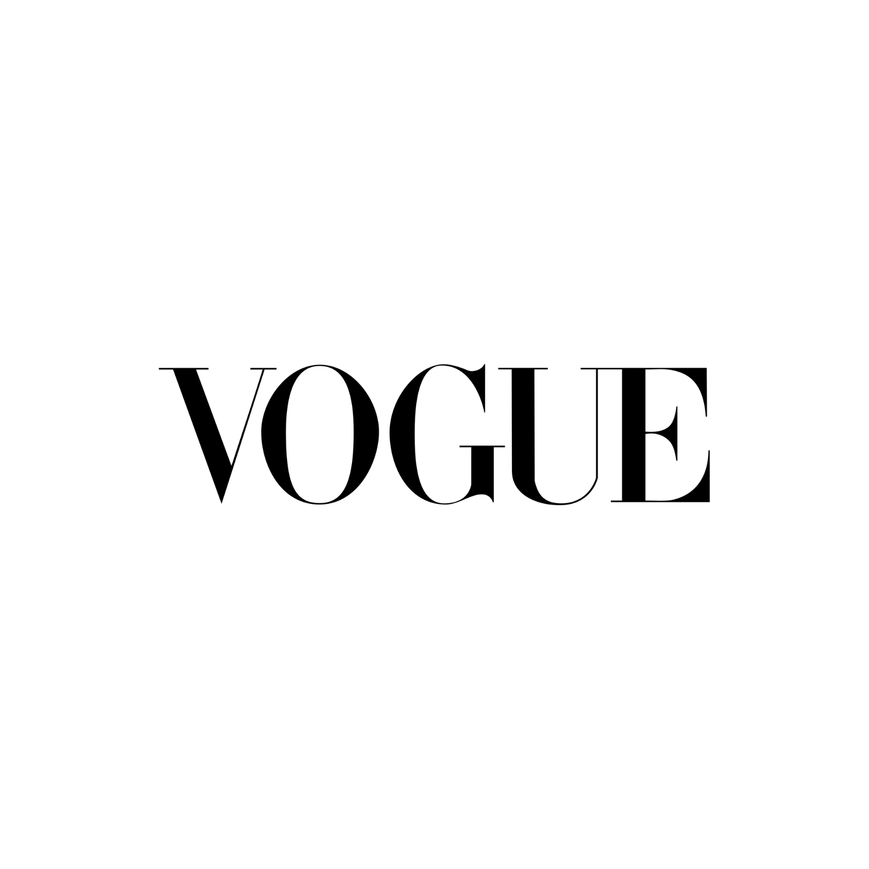 Vogue logo with black text on white circular background.