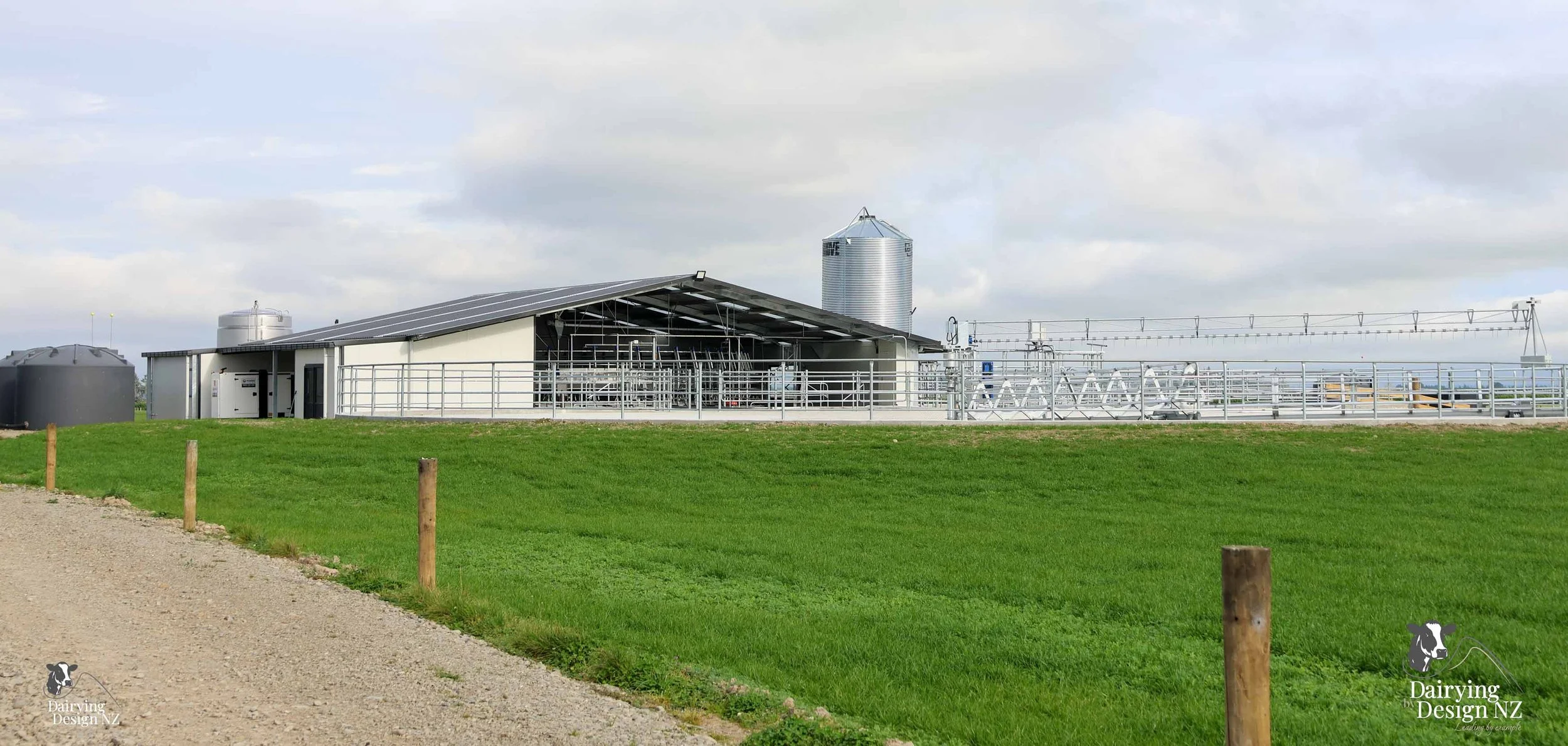 Canterbury rotary dairy shed development designed for efficient milking and cow flow built by Rural Building Solutions, featuring a Donald Engineering Rotary Platform, Earthworks by Densem Contracting 2010 Ltd, Refrigeration by Dairycool, Feed silos