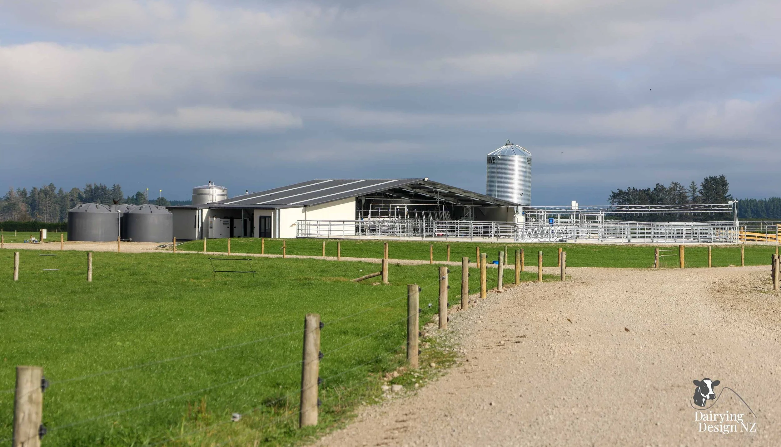  Canterbury rotary dairy shed development designed for efficient milking and cow flow built by Rural Building Solutions, featuring a Donald Engineering Rotary Platform, Earthworks by Densem Contracting 2010 Ltd, Refrigeration by Dairycool, Feed silos