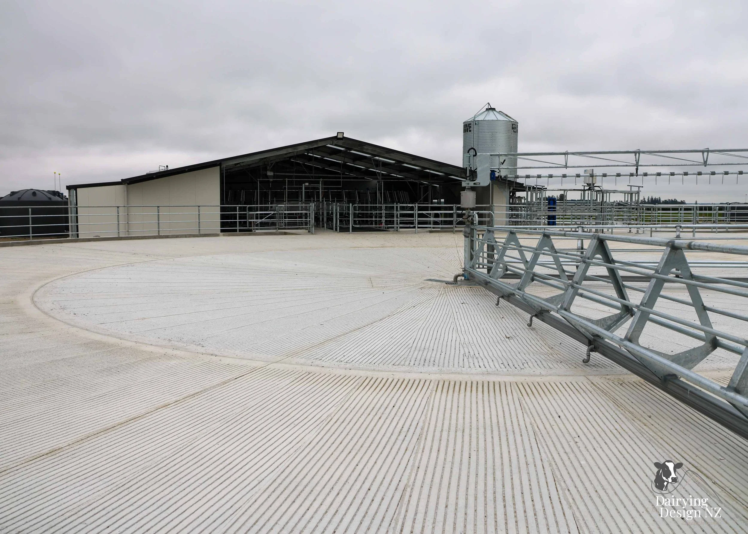  Canterbury rotary dairy shed development designed for efficient milking and cow flow built by Rural Building Solutions, featuring a Donald Engineering Rotary Platform, Earthworks by Densem Contracting 2010 Ltd, Refrigeration by Dairycool, Feed silos