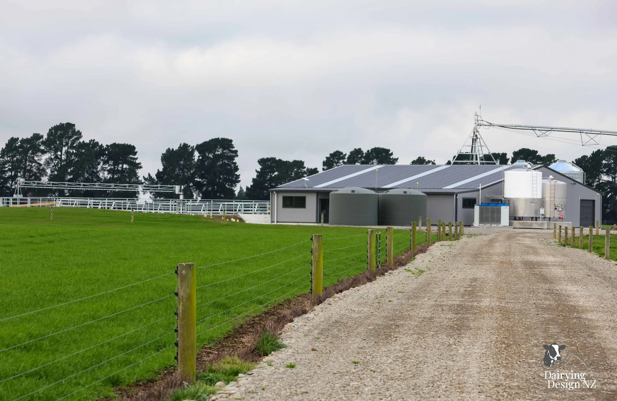  Canterbury rotary dairy shed development designed for efficient milking and cow flow built by Rural Building Solutions, featuring a Donald Engineering Rotary Platform, Earthworks by Densem Contracting 2010 Ltd, Refrigeration by Dairycool, Feed silos