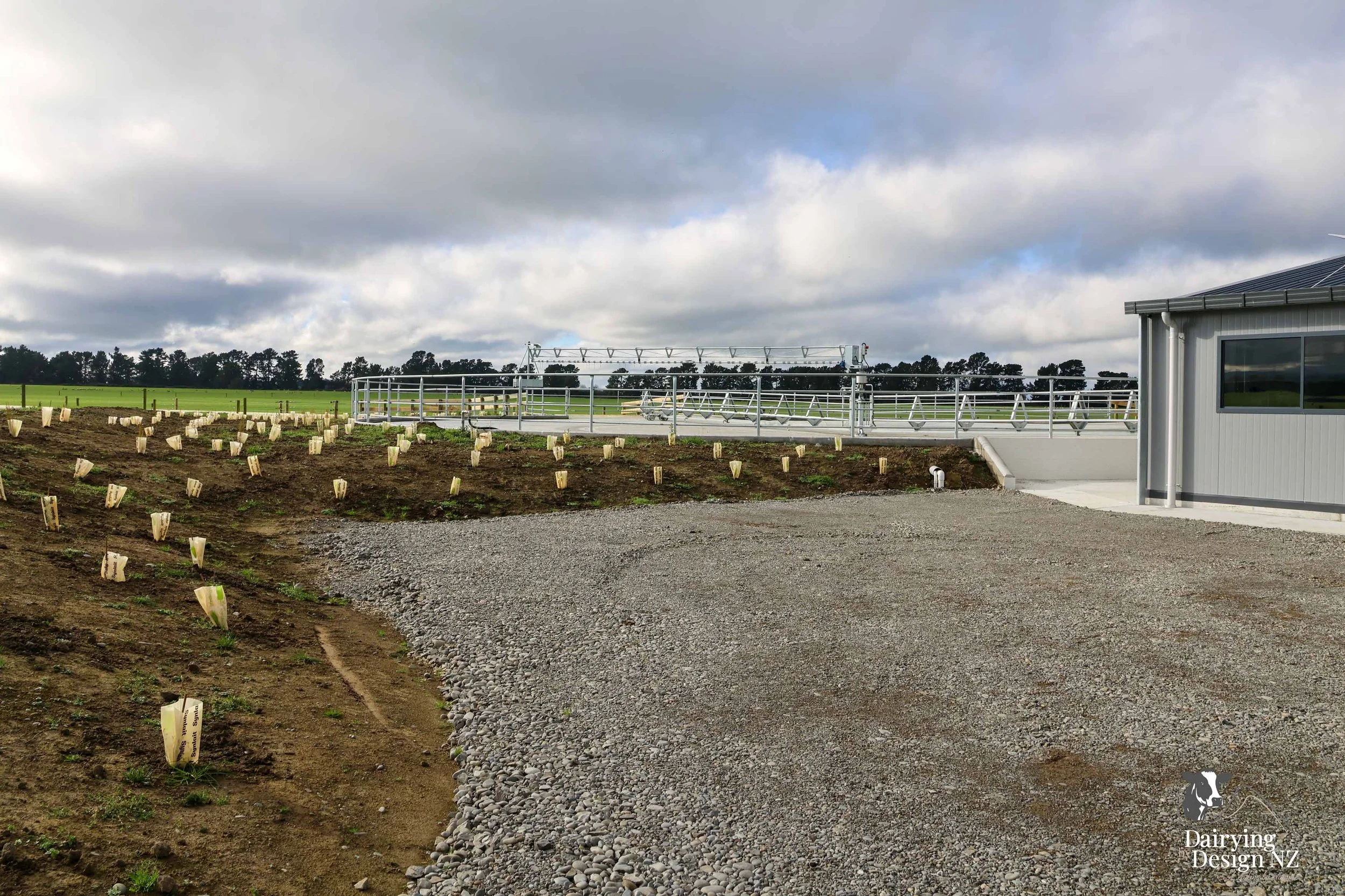  Canterbury rotary dairy shed development designed for efficient milking and cow flow built by Rural Building Solutions, featuring a Donald Engineering Rotary Platform, Earthworks by Densem Contracting 2010 Ltd, Refrigeration by Dairycool, Feed silos