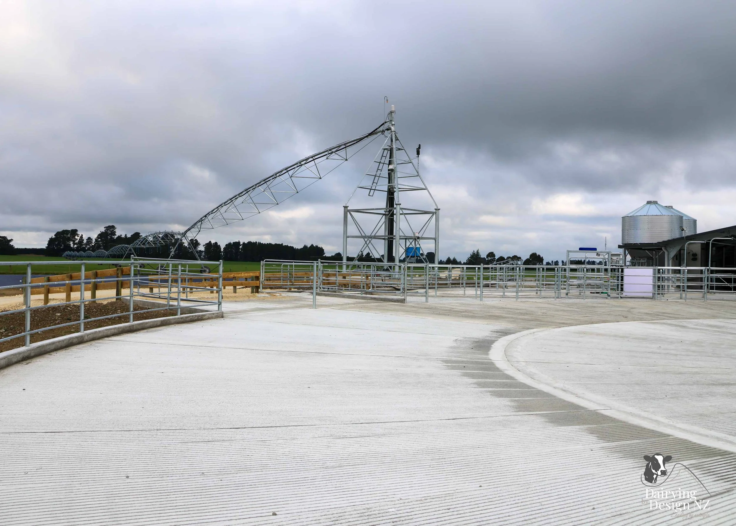  Canterbury rotary dairy shed development designed for efficient milking and cow flow built by Rural Building Solutions, featuring a Donald Engineering Rotary Platform, Earthworks by Densem Contracting 2010 Ltd, Refrigeration by Dairycool, Feed silos