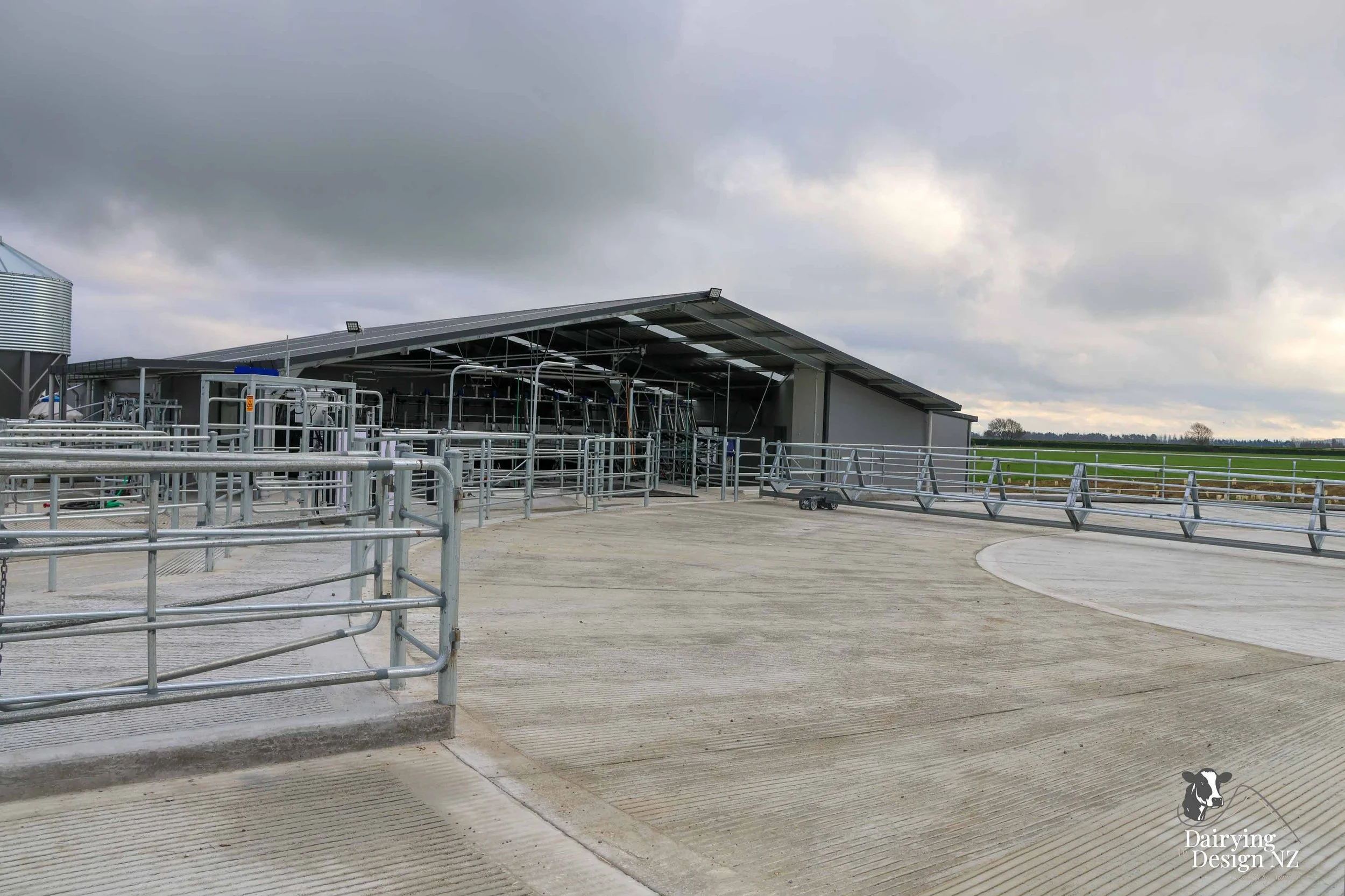  Canterbury rotary dairy shed development designed for efficient milking and cow flow built by Rural Building Solutions, featuring a Donald Engineering Rotary Platform, Earthworks by Densem Contracting 2010 Ltd, Refrigeration by Dairycool, Feed silos