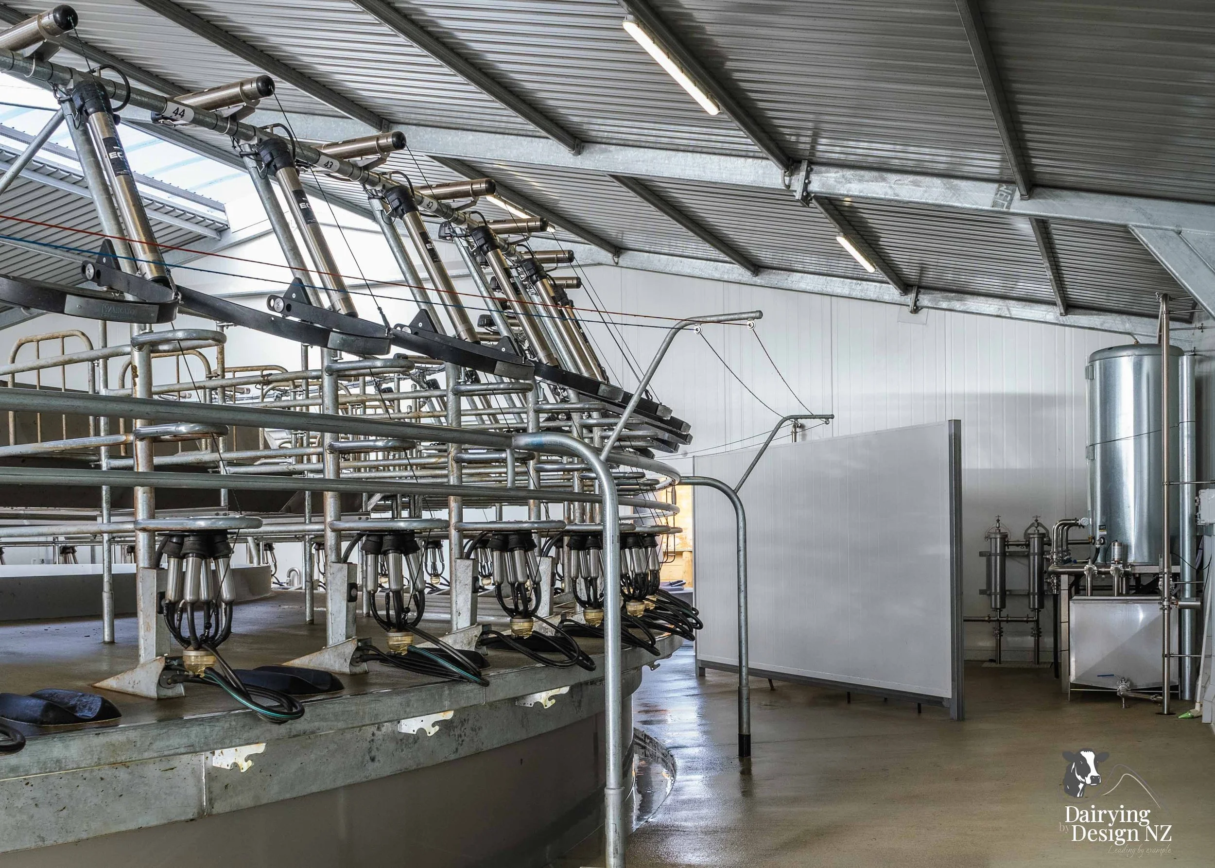  Waikato rotary dairy shed development designed for efficient milking and cow flow built by Don Chapman Waikato Ltd, featuring a Moa Rotary Platform, yard work by Leask Engineering, electrical work by Phase Electrical, project for Graham Preest. 