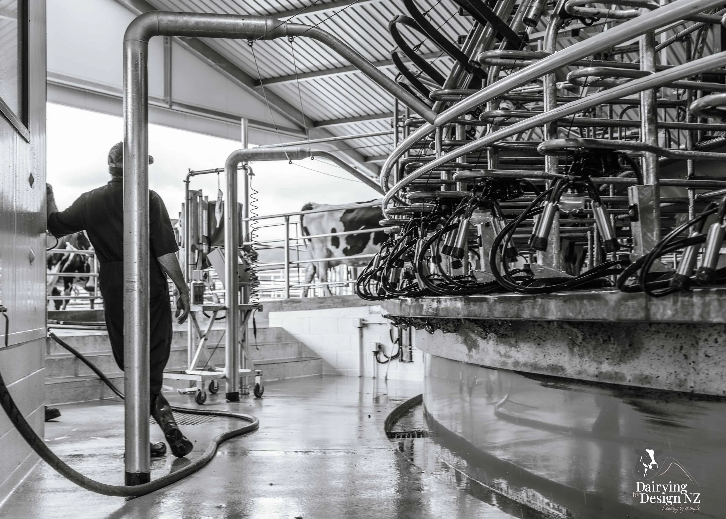  Waikato rotary dairy shed development designed for efficient milking and cow flow built by Don Chapman Waikato Ltd, featuring a Moa Rotary Platform, yard work by Leask Engineering, Earthworks by Waihou Excavation, Electrical work by Electronz, Efflu