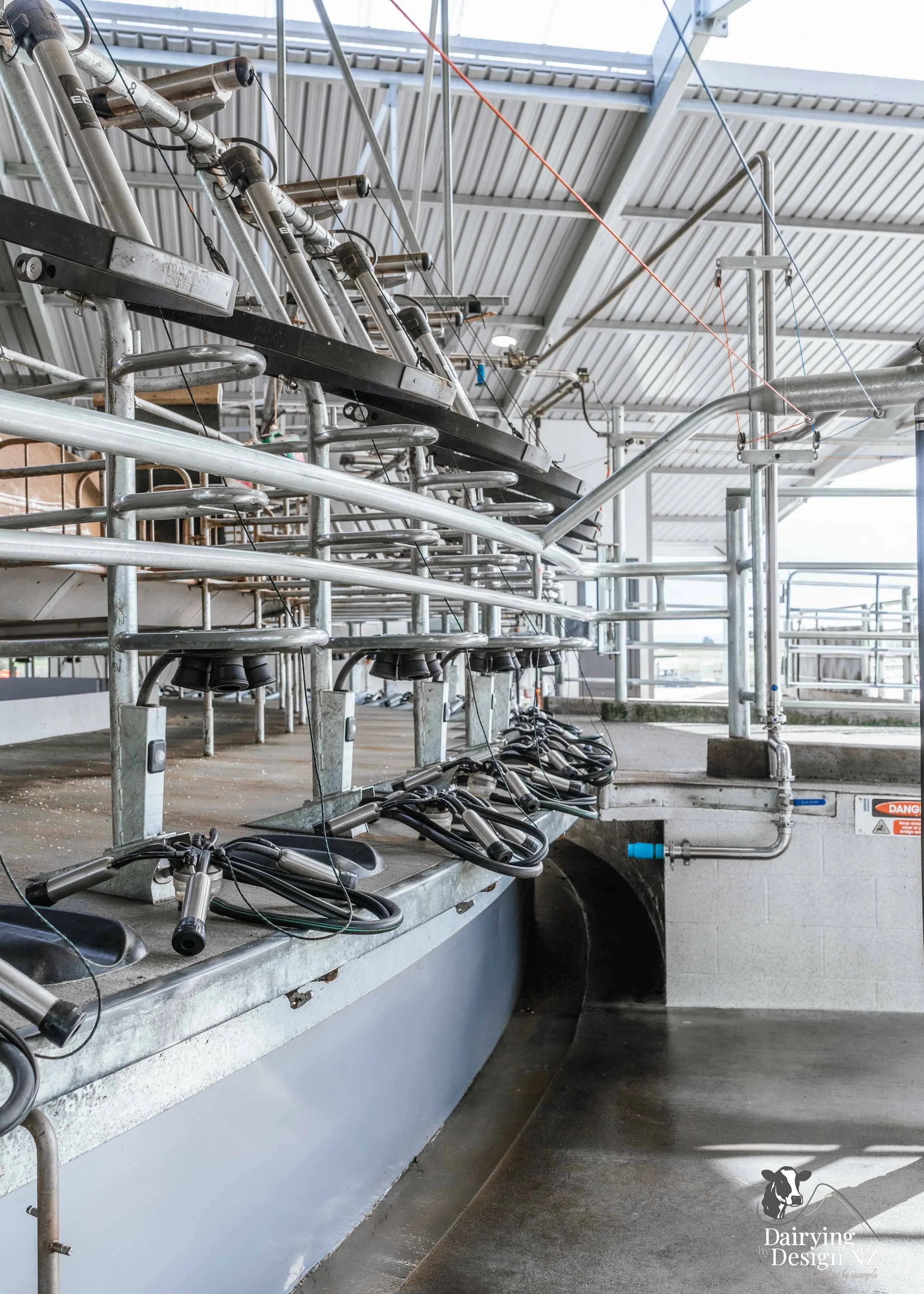  Waikato rotary dairy shed development designed for efficient milking and cow flow built by Don Chapman Waikato Ltd, featuring a Moa Rotary Platform, yard work by Leask Engineering, Earthworks by Waihou Excavation, Electrical work by Electronz, Efflu