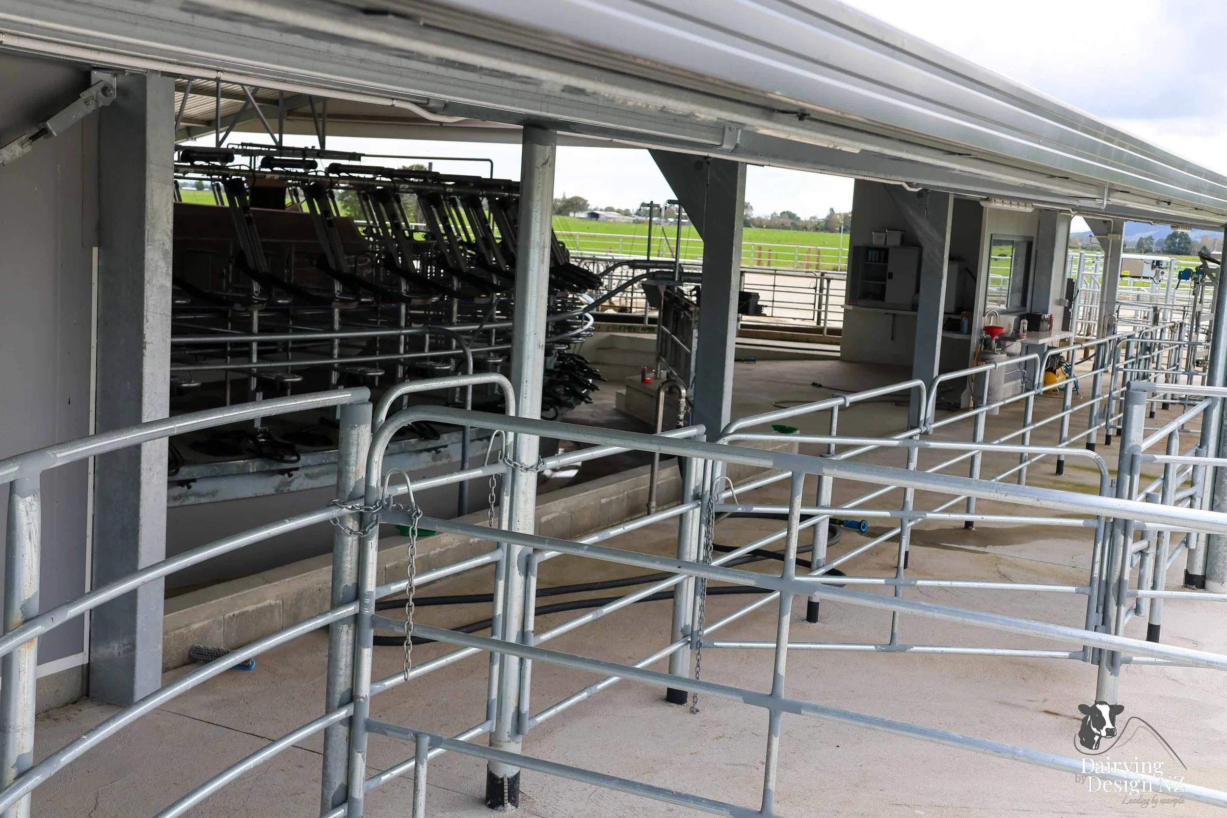  Waikato rotary dairy shed development designed for efficient milking and cow flow built by Don Chapman Waikato Ltd, featuring a Moa Rotary Platform, yard work by Leask Engineering, Earthworks by Waihou Excavation, Electrical work by Electronz, Efflu