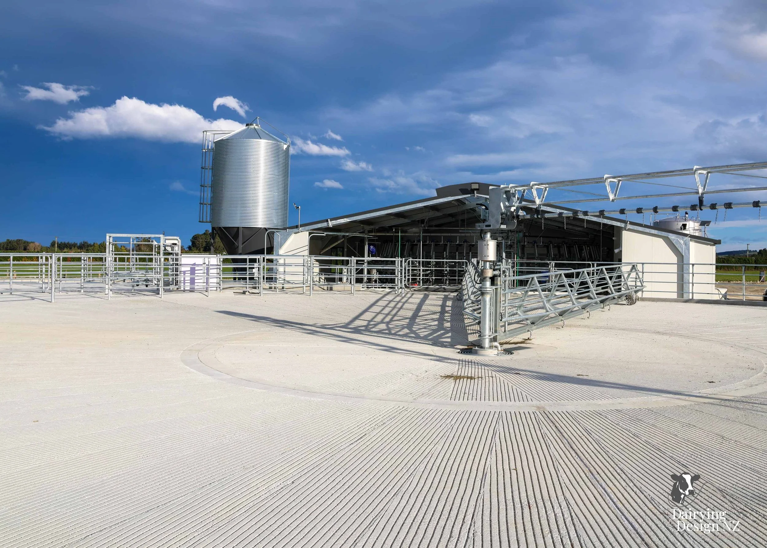  Canterbury rotary dairy shed development designed for efficient milking and cow flow built by Rural Building Solutions, featuring a Donald Engineering Rotary Platform, Earthworks by Densem Contracting 2010 Ltd, Refrigeration by Dairycool, Feed silos